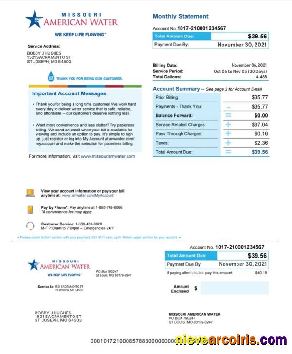 USA MISSOURI AMERICAN WATER utility bill